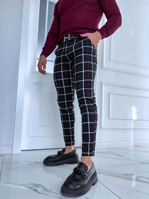 Checked men's trousers - black with red 65-2